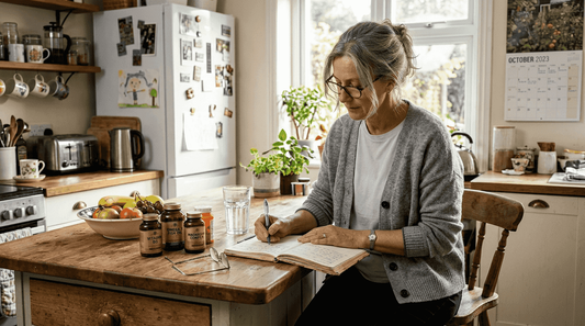 Woman choosing supplements at sunlit kitchen island