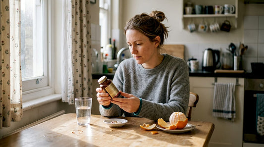 Woman reading supplement bottle at kitchen table
