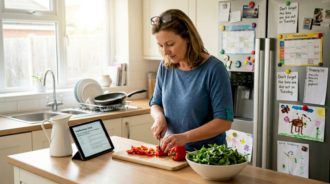 Woman preparing healthy salad in bright kitchen