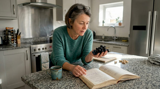Woman examining grapes and blueberries in kitchen