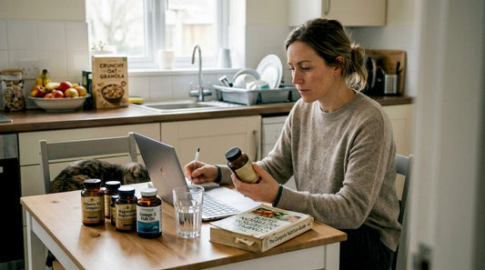 Woman reading supplement labels at kitchen table