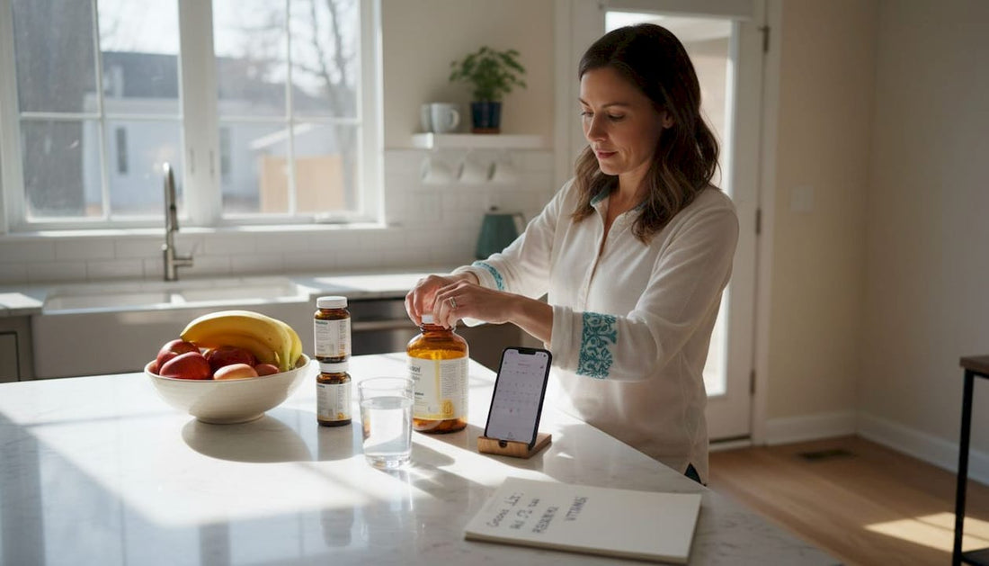 Woman preparing supplements in bright kitchen