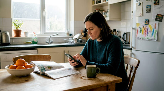 Woman reading supplement reviews in kitchen