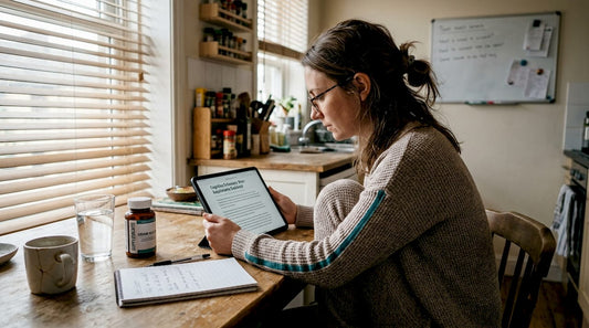 Woman reading tablet about brain supplements