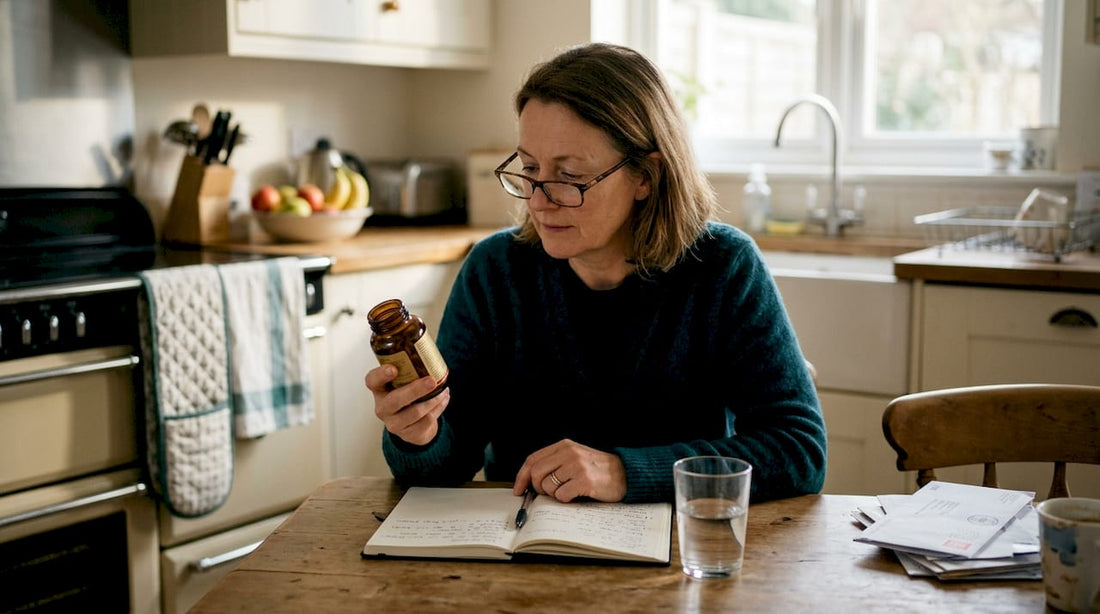 Woman reviewing supplements at kitchen table