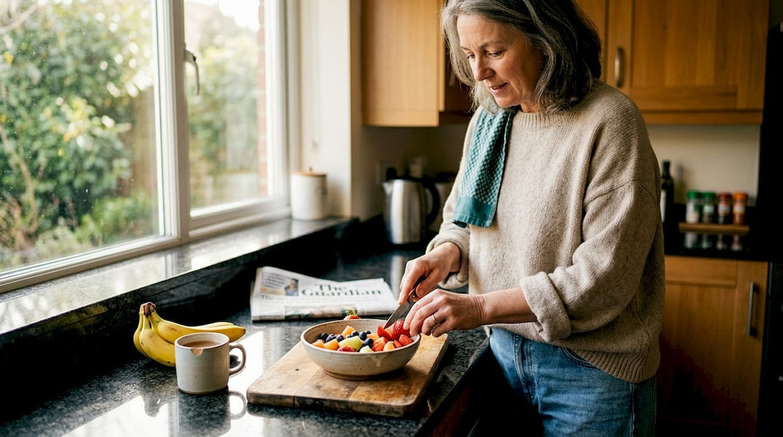 Woman preparing fruit breakfast in home kitchen