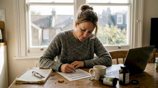 Woman reading supplement sheet at kitchen table