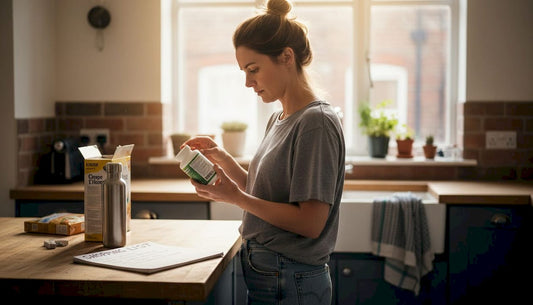 Woman reading supplement bottle label in kitchen