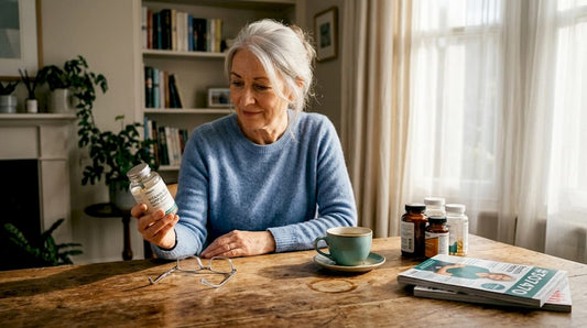 Woman checking supplement label at home desk