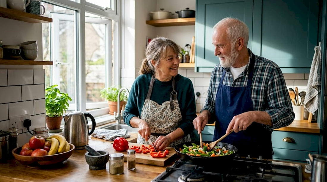 Older couple cooking healthy meal together