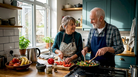 Older couple cooking healthy meal together