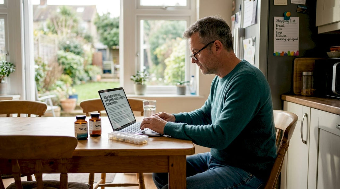 Man researching heart health supplements in kitchen