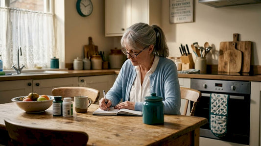 Woman reading notes researching supplements at kitchen table