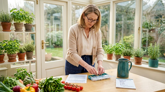 Woman arranging non-GMO supplements in kitchen