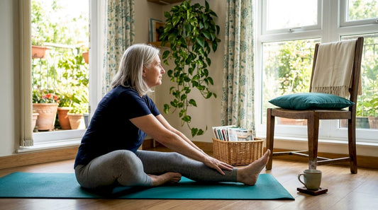 Older woman stretching in sunlit home living room