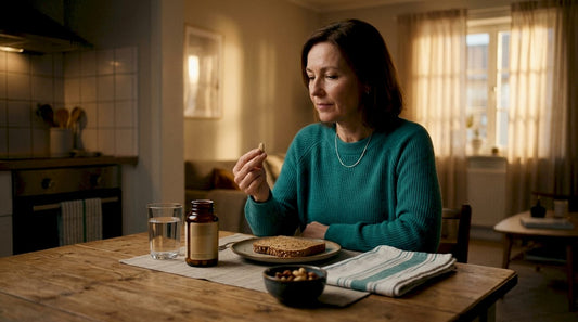Woman with multivitamin at breakfast table