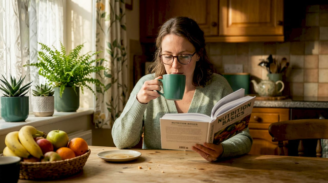 Woman reading about nutrition in kitchen