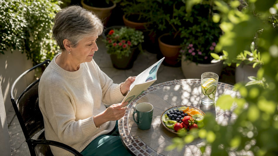 Senior woman reading vitamin brochure at kitchen table