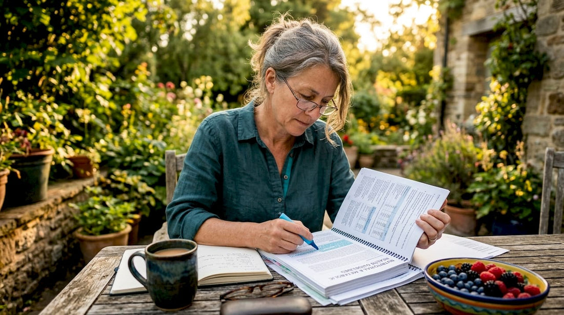 Woman reviewing metabolism health guides at home