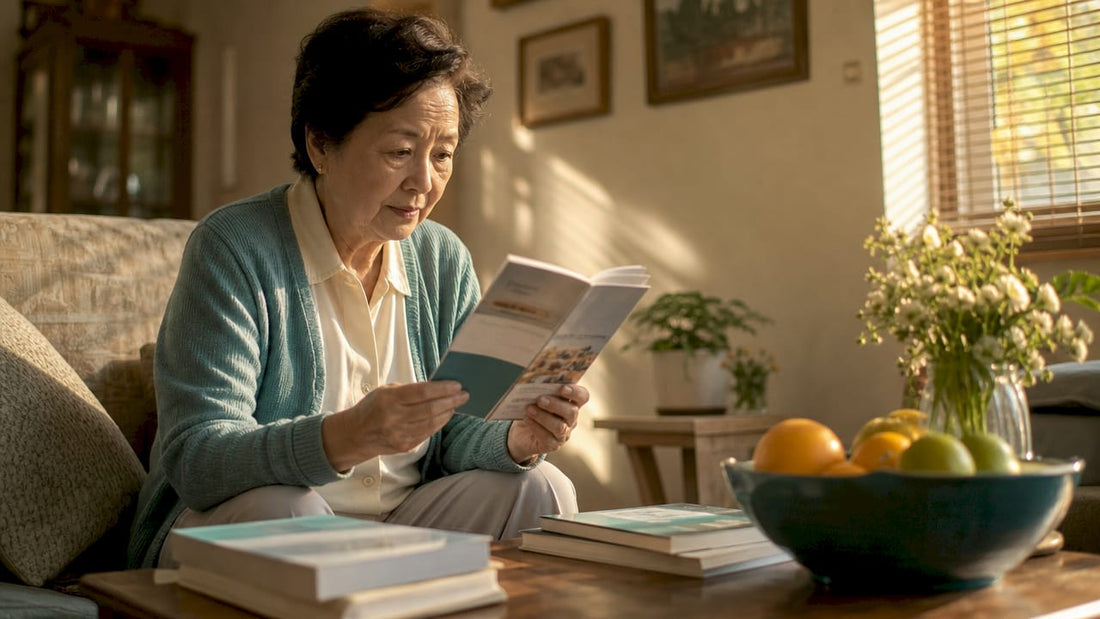Senior woman reading vitamin D supplement information