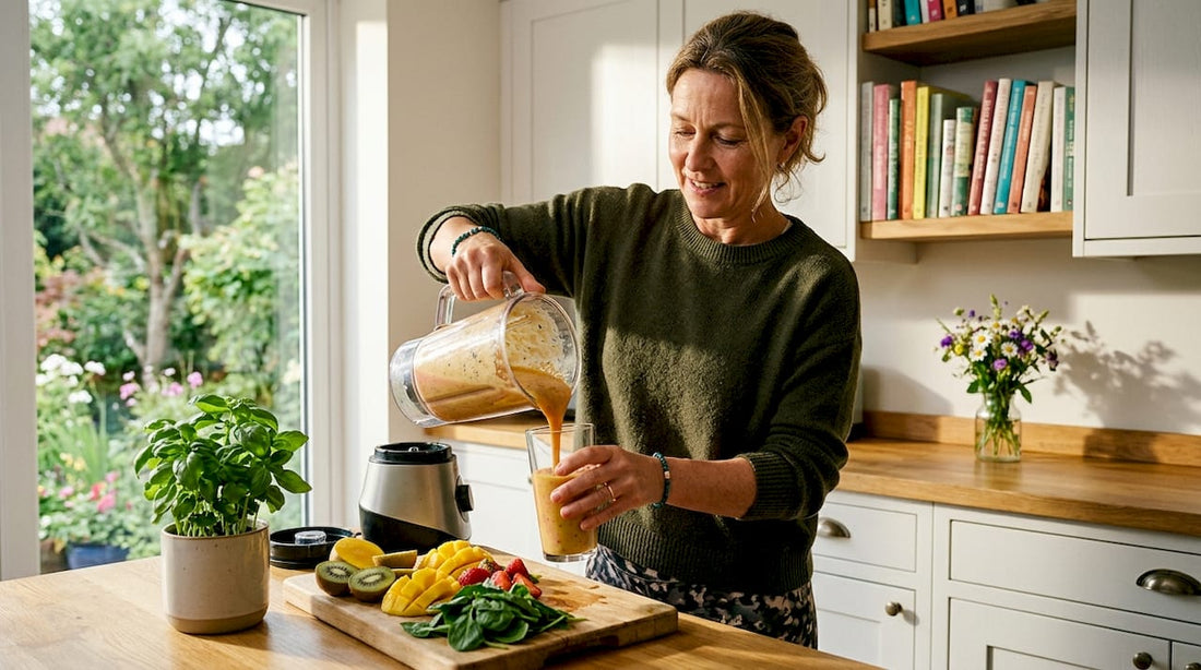 Woman making healthy smoothie for immune health