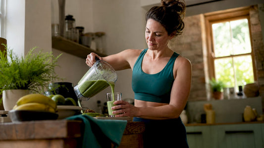 Woman preparing healthy smoothie in kitchen