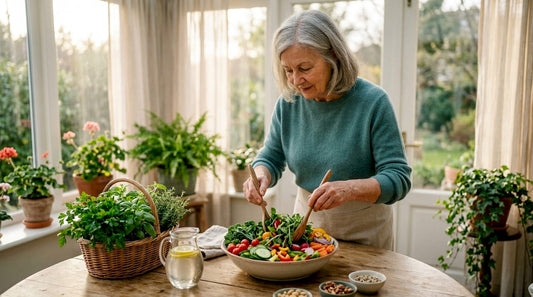 Senior woman preparing healthy micronutrient salad