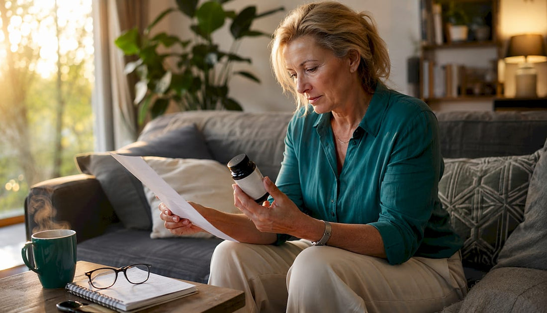Woman reviewing NMN COA with supplement bottle
