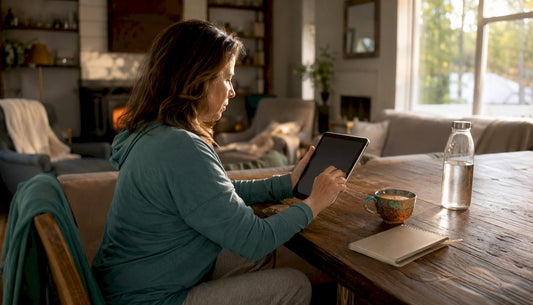 Woman researching supplements at home