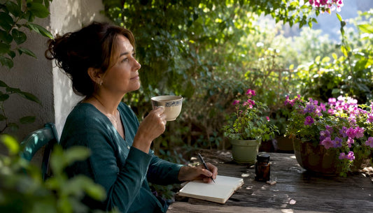 Woman drinking adaptogen tea at home
