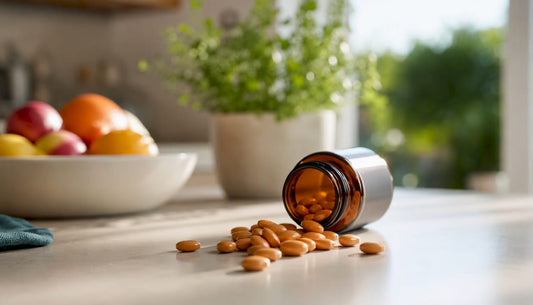 Coenzyme Q10 capsules spilled from bottle on kitchen counter