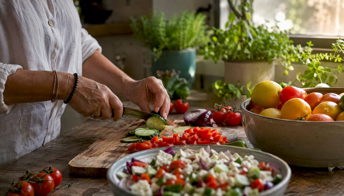 Hands chopping fresh Mediterranean vegetables