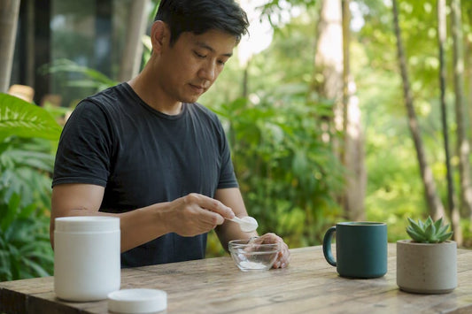 Adult measuring NMN supplement powder in kitchen