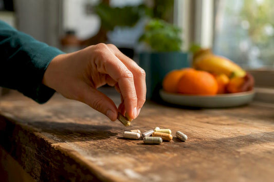 Hand pouring dietary supplement capsules on wood table