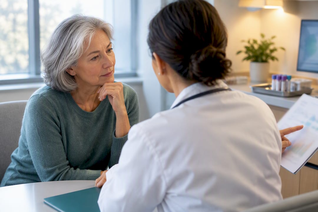 Older adult discussing health monitoring with clinician