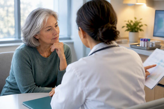 Older adult discussing health monitoring with clinician