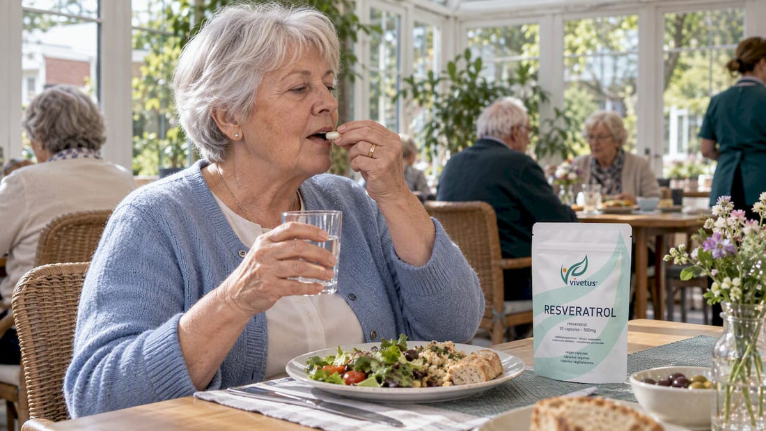 Older woman taking resveratrol with lunch