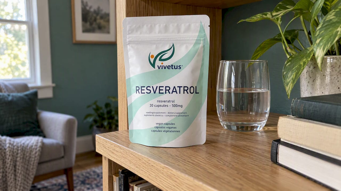 Vivetus resveratrol supplement on a home shelf